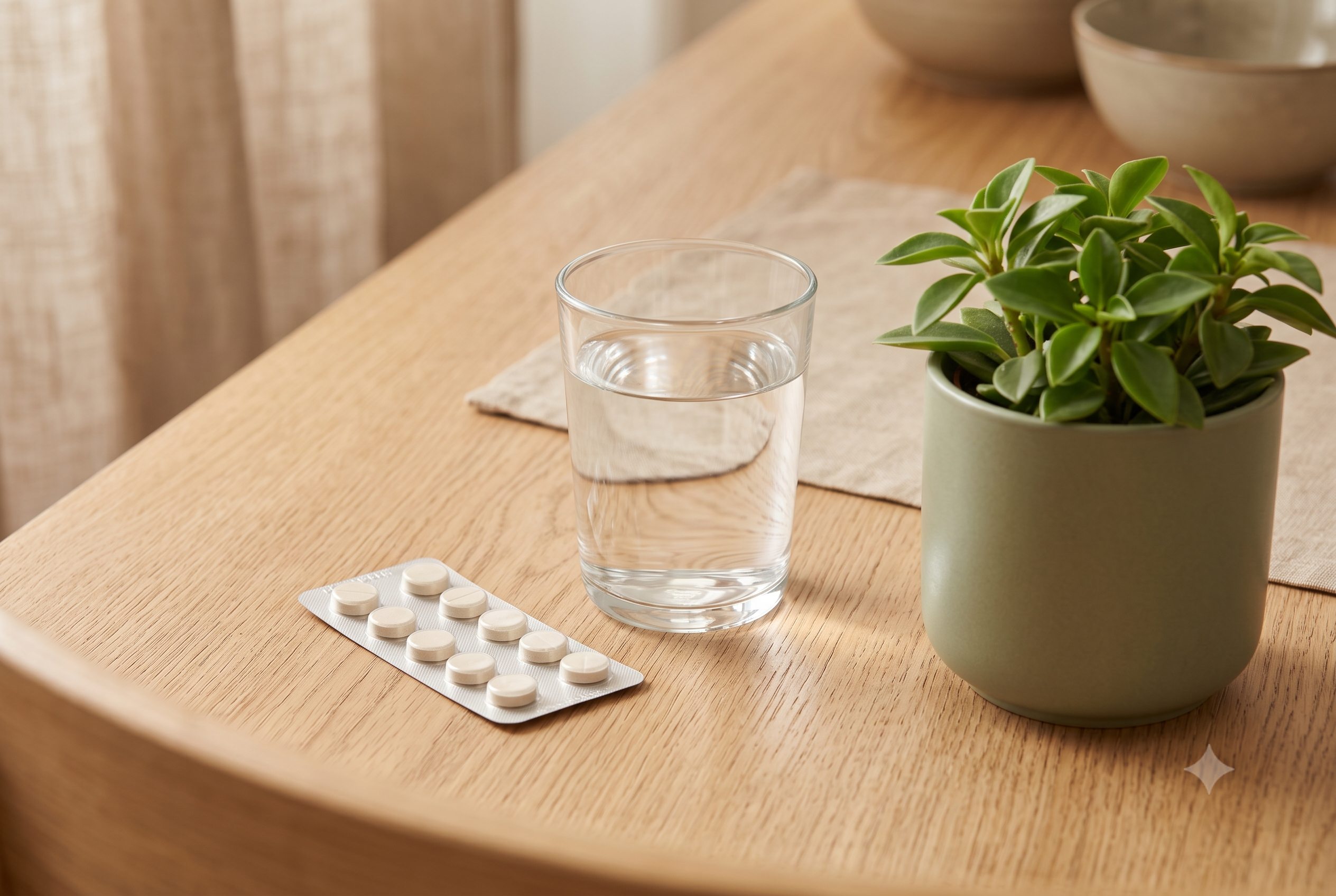 Leki przeciwbólowe i przeciwzapalne stosowane po zabiegu implantacji — blister tabletek na jasnym tle.